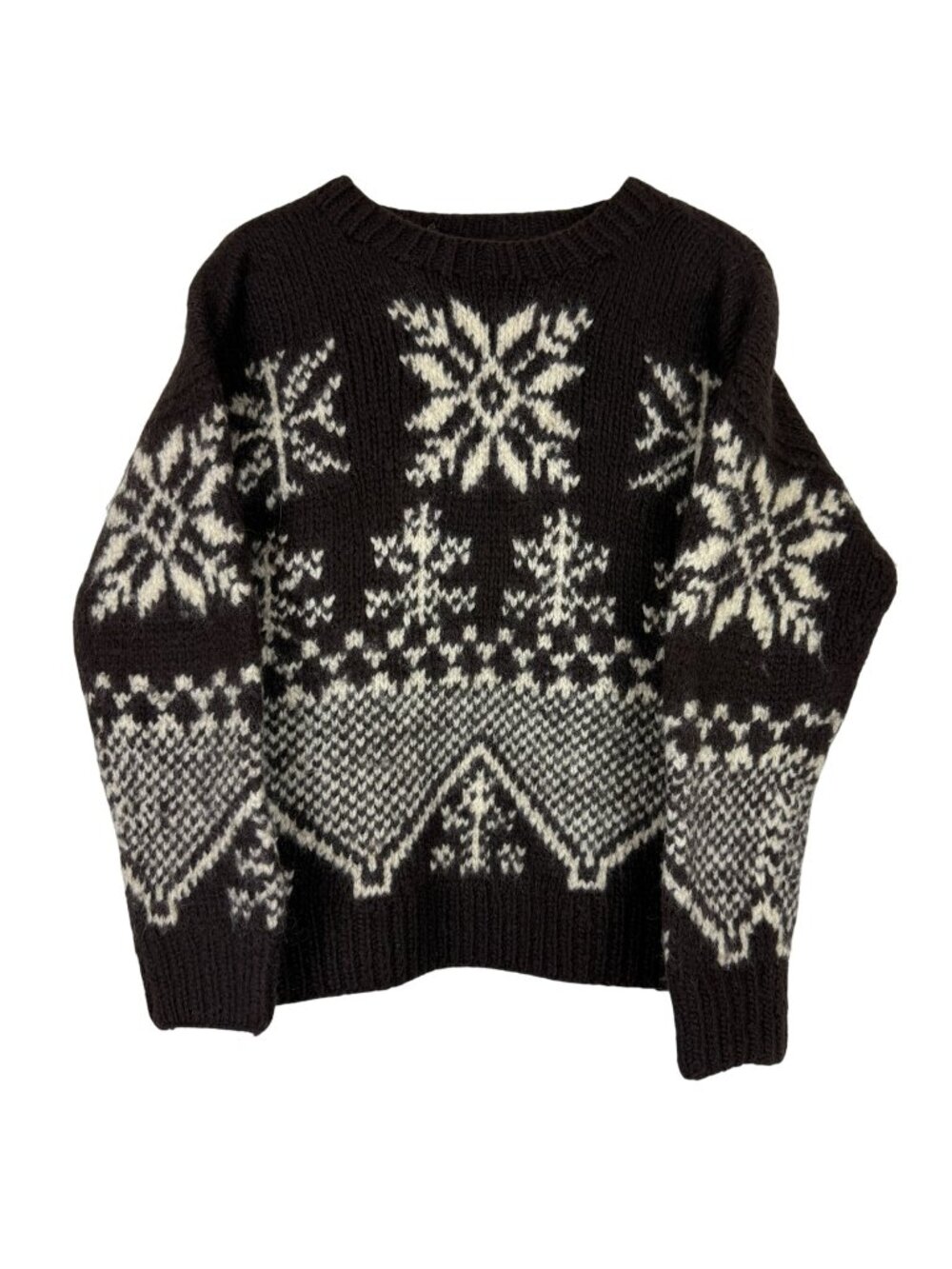 Vintage Gap Men's Large Hand-Knit Wool Sweater Brown Fair Isle Snowflake Chunky